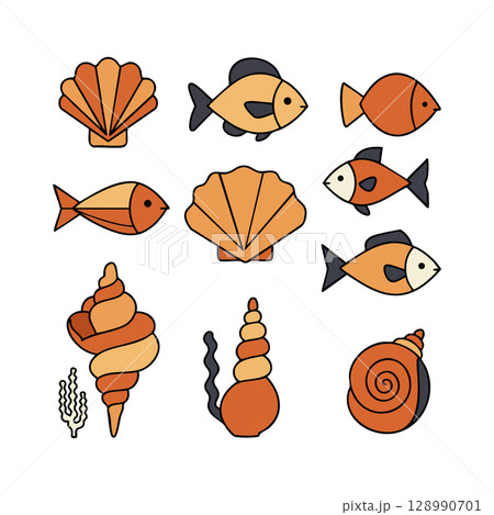 Orange and black fish with seashells and seaweed marine life vector illustration collection Orange and black fish with seashells and seaweed marine life vector illustration collection 128990701