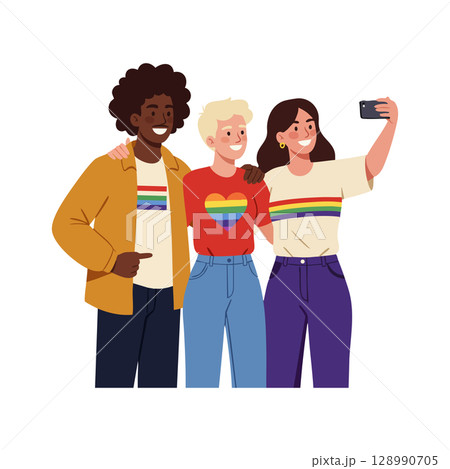 Diverse group of friends taking selfie wearing rainbow pride shirts and casual clothes Diverse group of friends taking selfie wearing rainbow pride shirts and casual clothes 128990705