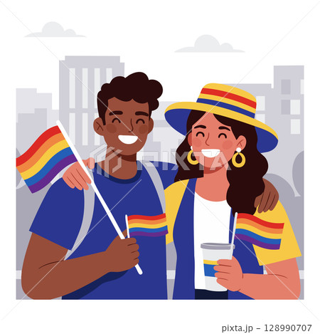 Diverse couple smiling with rainbow flags and pride accessories in urban setting vector illustration Diverse couple smiling with rainbow flags and pride accessories in urban setting vector illustration 128990707