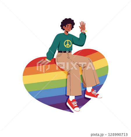 Person sitting on rainbow heart symbol promoting peace and love illustration vector 128990713