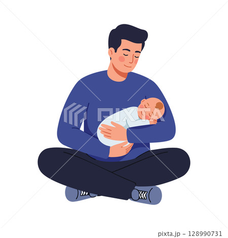 Father Holding Sleeping Newborn Baby in Blue Sweater Sitting Cross Legged Vector Illustration 128990731