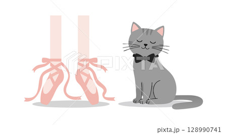 Gray cat with bow tie sitting near ballet dancer legs in pink pointe shoes vector illustration Gray cat with bow tie sitting near ballet dancer legs in pink pointe shoes vector illustration 128990741