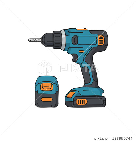 Cordless power drill with battery pack blue and orange hand tool vector illustration 128990744