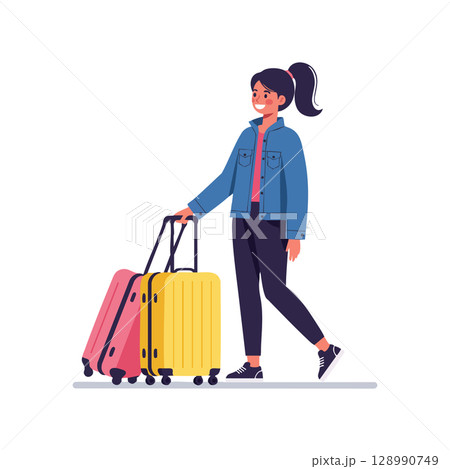Woman walking with yellow and pink suitcases for travel and leisure activities vector illustration 128990749