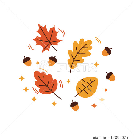 Autumn Leaves and Acorns Falling Vector Illustration with Orange and Yellow Colors 128990753