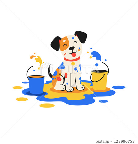 Playful dog with colorful blue and yellow paint splashes vector illustration Playful dog with colorful blue and yellow paint splashes vector illustration 128990755