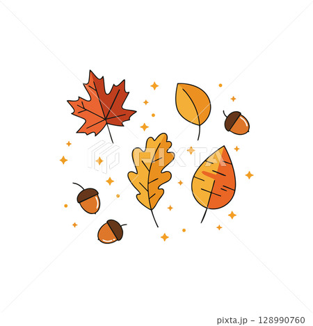 Autumn colorful leaves and acorns vector illustration with orange and yellow tones 128990760