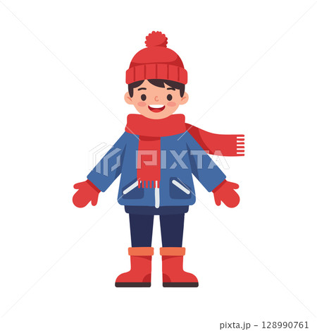 Boy Wearing Warm Winter Clothes with Red Hat Scarf Gloves and Boots Vector Illustration 128990761