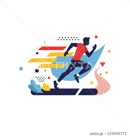 Male runner sprinting fast with dynamic colorful motion lines in abstract fitness vector illustration 128990771