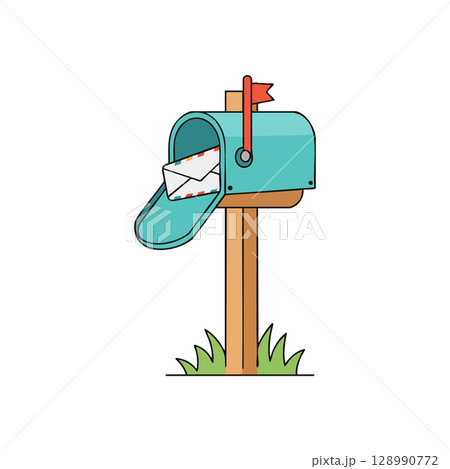 Blue Mailbox with Open Door and Envelope on Wooden Post in Grass Vector Illustration Blue Mailbox with Open Door and Envelope on Wooden Post in Grass Vector Illustration 128990772