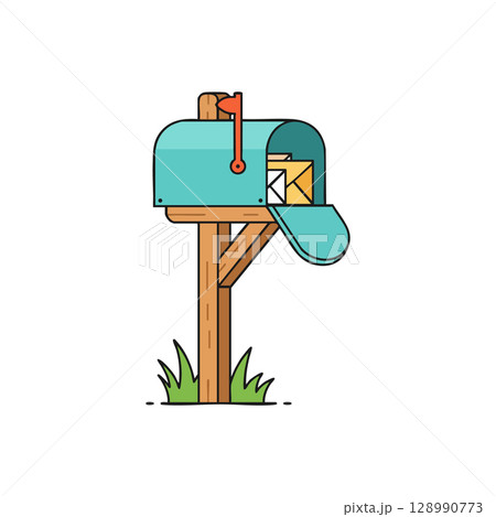 Blue mailbox with letters and red flag on wooden post illustration vector design Blue mailbox with letters and red flag on wooden post illustration vector design 128990773