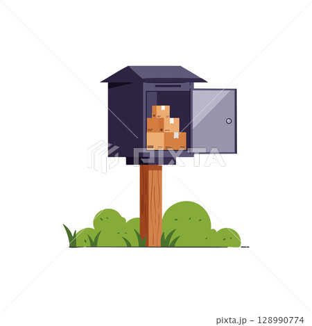 Outdoor parcel locker with open door and stacked cardboard boxes on wooden post in green bushes vector Outdoor parcel locker with open door and stacked cardboard boxes on wooden post in green bushes vector 128990774