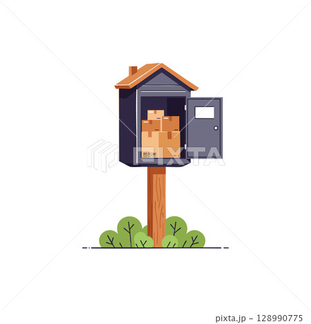 Outdoor parcel mailbox with open door and multiple cardboard boxes in vector illustration 128990775