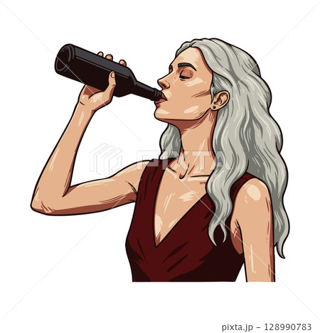 Woman with long gray hair drinking from bottle in red dress vector illustration Woman with long gray hair drinking from bottle in red dress vector illustration 128990783