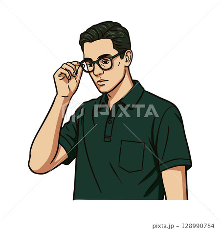 Young man adjusting glasses wearing dark green polo shirt vector illustration 128990784