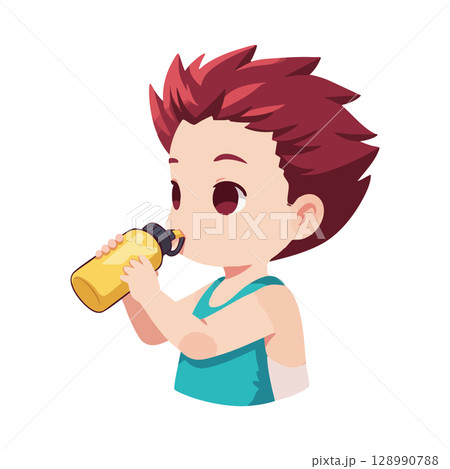 Child drinking water from yellow bottle in blue tank top with red hair vector illustration 128990788