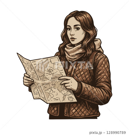 Young woman traveler with map exploring new places in autumn outfit vector illustration 128990789