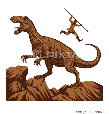 Dinosaur and hunter with spear attacking prehistoric rocky landscape vector illustration 128990797