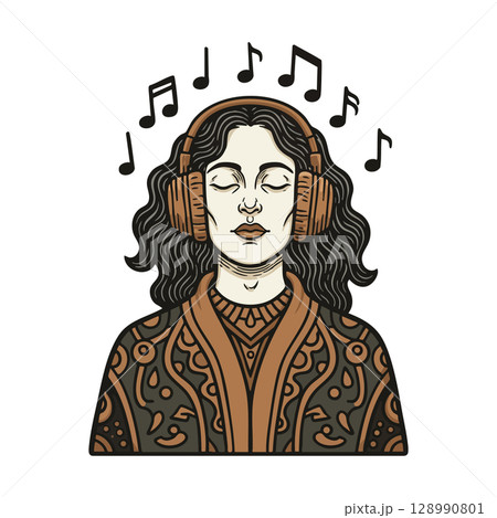 Woman with headphones listening to music with musical notes vector illustration 128990801