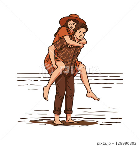 Couple enjoying a piggyback ride on the beach barefoot in casual summer clothes Couple enjoying a piggyback ride on the beach barefoot in casual summer clothes 128990802
