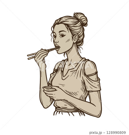 Young woman eating Asian food with chopsticks hand drawn style vector illustration 128990809