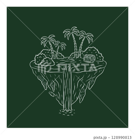 Floating island with palm trees waterfall and treasure chest vector illustration dark green background Floating island with palm trees waterfall and treasure chest vector illustration dark green background 128990813
