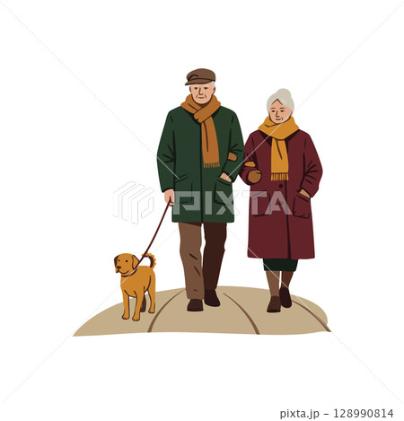 Elderly couple walking dog outdoors in warm coats and scarves autumn season vector illustration Elderly couple walking dog outdoors in warm coats and scarves autumn season vector illustration 128990814