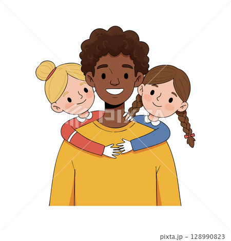 Father with two daughters hugging from behind happy family moment vector illustration Father with two daughters hugging from behind happy family moment vector illustration 128990823