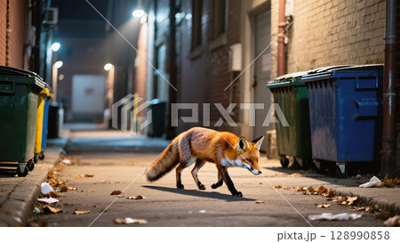 Urban red fox cautiously walking through city alley at night, surrounded by trash bins and autumn leaves under artificial street lighting. 128990858