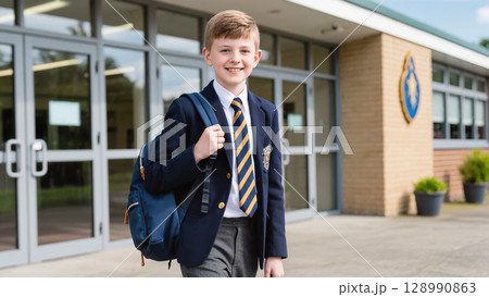 Smiling schoolboy in uniform with backpack standing outside school building, ready for class on a bright and sunny day. 128990863