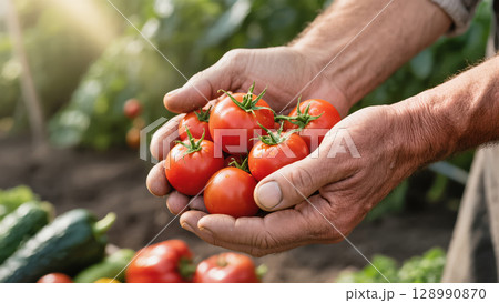 Farmer's hands holding freshly picked red tomatoes in sunny vegetable garden, showcasing organic harvest and rural lifestyle. 128990870