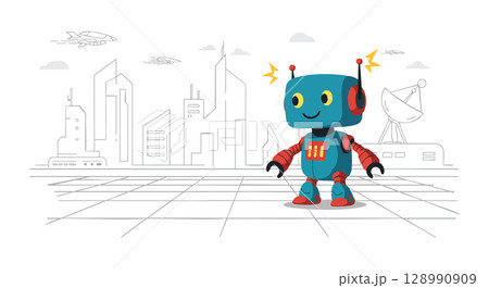 Blue and red playful robot with antennae in futuristic cityscape vector illustration Blue and red playful robot with antennae in futuristic cityscape vector illustration 128990909