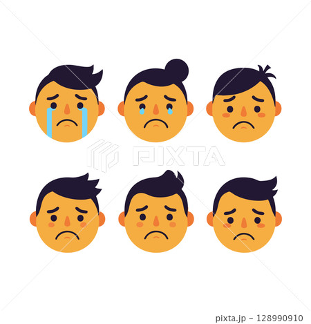 Sad and Crying Emotional Faces Vector Illustration with Different Hairstyles and Expressions Sad and Crying Emotional Faces Vector Illustration with Different Hairstyles and Expressions 128990910