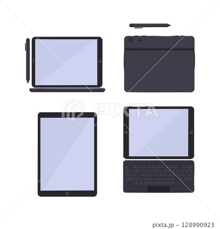 Digital tablet devices with stylus pen and keyboard vector illustration set 128990923