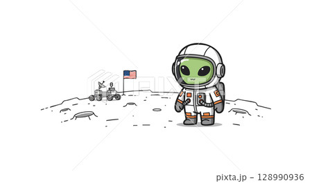 Alien astronaut on lunar surface with rover and American flag vector illustration Alien astronaut on lunar surface with rover and American flag vector illustration 128990936