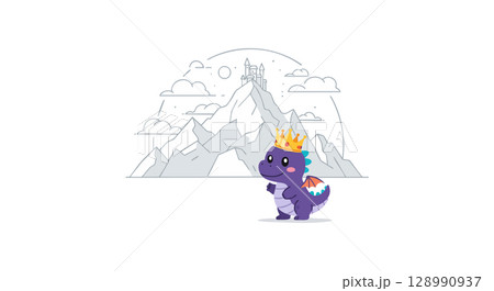 Cute purple dragon with crown standing in front of mountain castle vector illustration Cute purple dragon with crown standing in front of mountain castle vector illustration 128990937