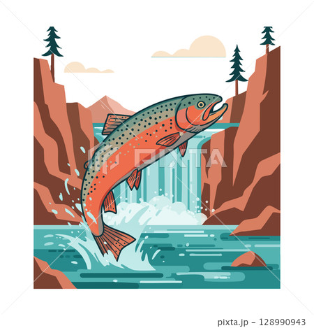 Rainbow trout jumping over waterfall river in mountain canyon natural landscape vector illustration 128990943