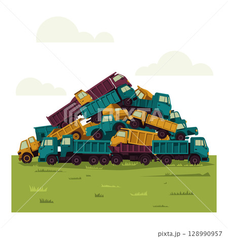 Stack of colorful dump trucks piled up on grassy field vector illustration Stack of colorful dump trucks piled up on grassy field vector illustration 128990957