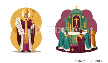 Christian bishop holding scroll and priests performing mass at church altar vector illustration 128990958