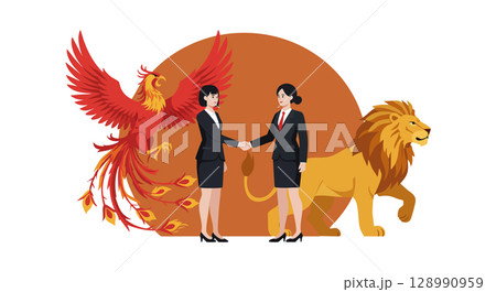 Businesswomen handshake with mythical phoenix and lion animal partnership concept vector illustration 128990959