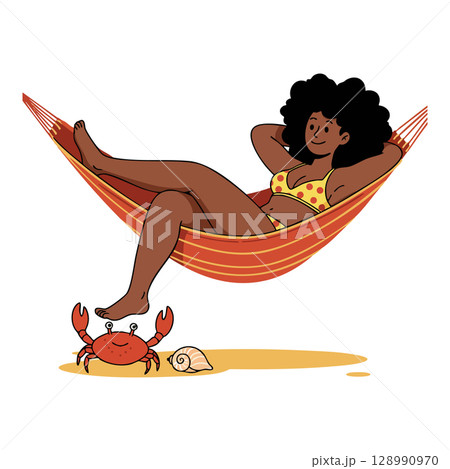 Woman relaxing in orange hammock on beach with crab and seashell summer scene vector 128990970