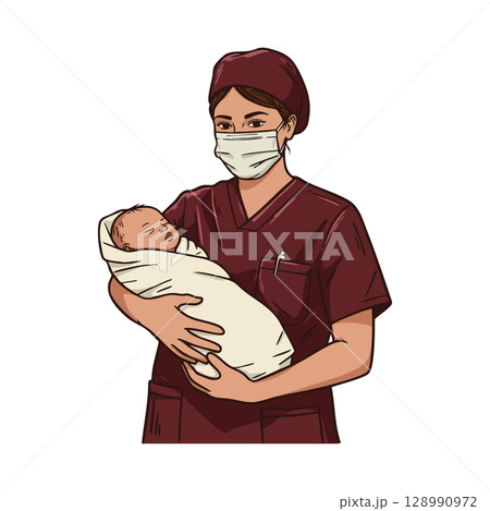 Nurse holding newborn baby wrapped in blanket during healthcare care vector illustration 128990972