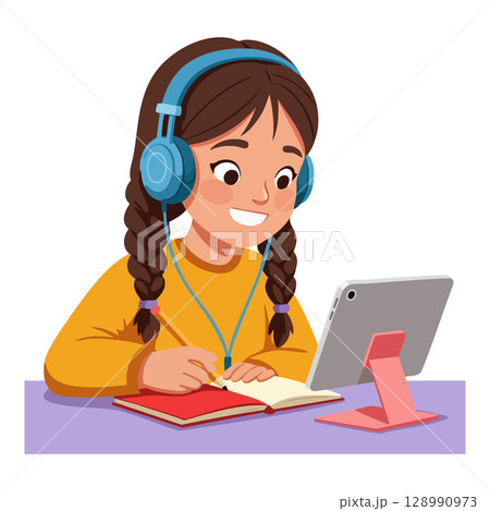 Girl with blue headphones studying using tablet and notebook in yellow sweater vector illustration 128990973