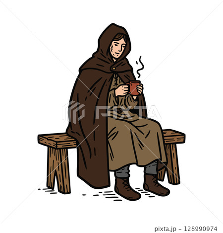 Woman in brown cloak sitting on wooden bench drinking hot beverage vector illustration 128990974