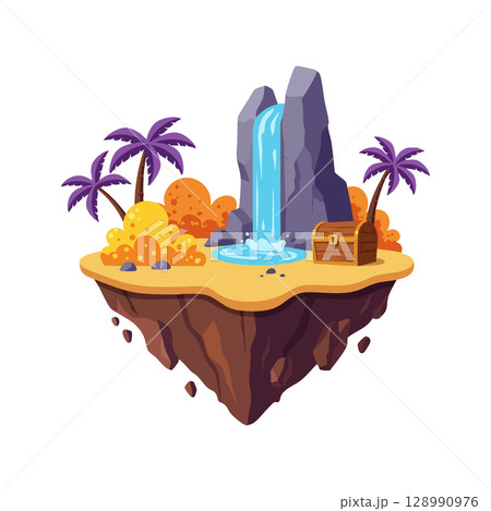 Tropical island with waterfall palm trees treasure chest colorful bushes vector illustration 128990976