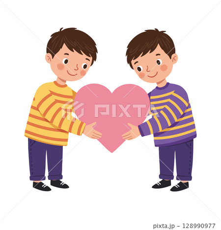 Two Boys Holding Pink Heart Symbol of Love and Friendship Vector Illustration 128990977