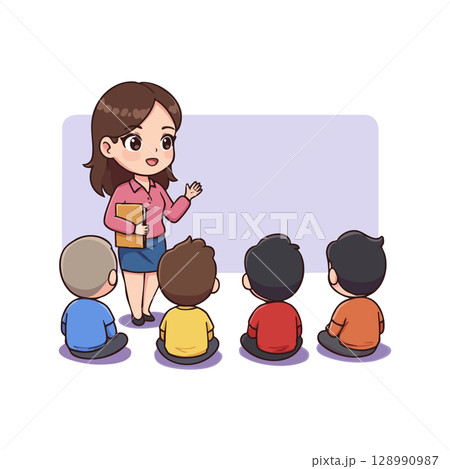 Female Teacher Giving Lesson to Group of Students Sitting on Floor Vector Illustration 128990987