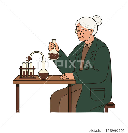 Elderly Female Scientist Conducting Chemistry Experiment in Laboratory Setting Vector Illustration 128990992