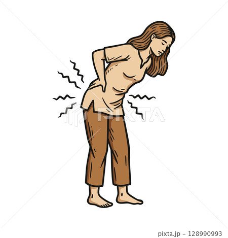 Woman experiencing lower back pain standing barefoot with casual clothes vector illustration 128990993