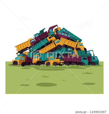 Stack of yellow and green dump trucks in pile on green grass vector illustration Stack of yellow and green dump trucks in pile on green grass vector illustration 128991007